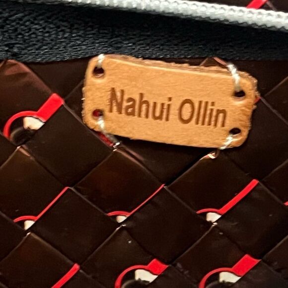 Nahui Ollin Handcrafted Woven Candy Wrappers Wristlet Maroon Upcycled Designer - Picture 4 of 8